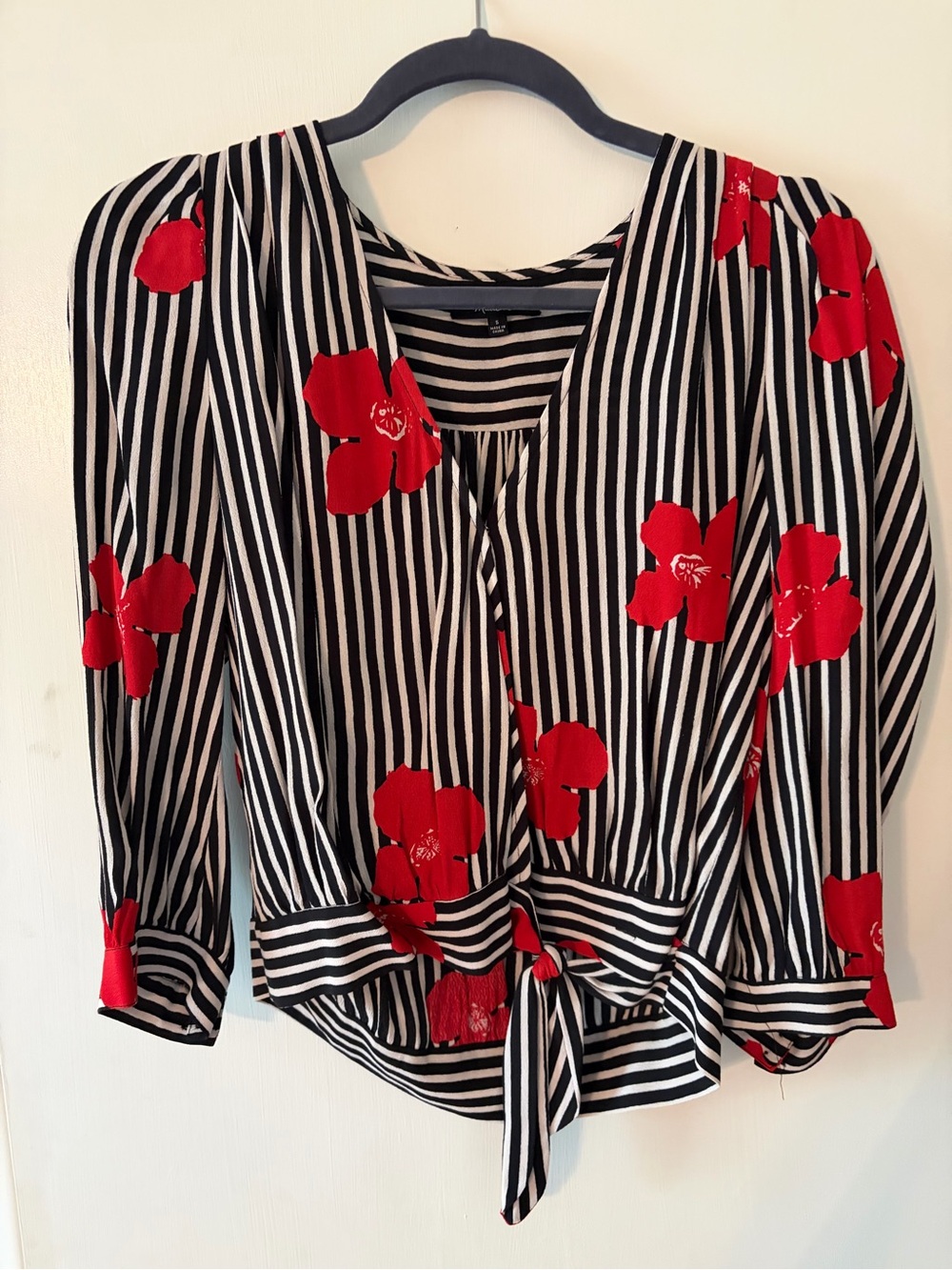 Madewell Black & White Striped Blouse with Red Floral Print and Front Tie
